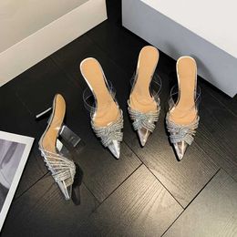 Slippers Designer brand womens rhinestone high heels transparent sandals suspender Pointed Toe party bride wedding shoes ladies J240416