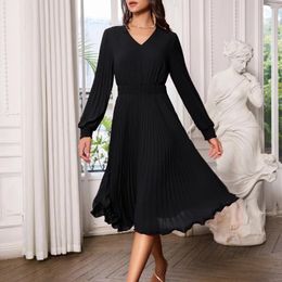 Casual Dresses Women Pleated Chiffon Dress Spring Autumn Long Sleeve V-Neck Elastic Smocked Waist A-Line Solid Elegant