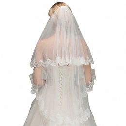 2024 Elegant Lace Edge Short Wedding Veil with Comb White Ivory Two Layers Tulle Bridal Veil Wedding Accories Voile Mariage s8aW#