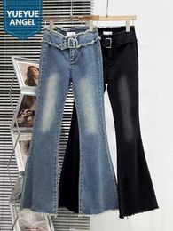 Women's Jeans Vintage Women Autumn Denim Flare Pants Buckle Tassels Waist Slim Fit Skinny OL Lady Stretchy Sexy Push Up Wide Leg