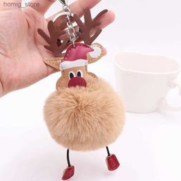 Plush Keychains New Leather Plush Elk Pendants Keyring Keychain Pompom Reindeer Fur Ball Doll Keychain Xmas Ornaments Party Favours Christmas Y240415