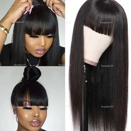 Brazilian Virgin Synthetic Hair With Neat Bangs None Lace Front Wigs Glueless Hine Made Wig Heat Resistant Black Women Long Straight