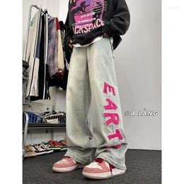 Men's Jeans Foufurieux American Printed Hiphop Men Oversize High Street Causal Loose Straight Wide Leg Trousers Bottom Male Clothes