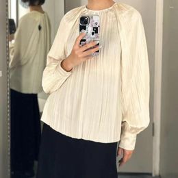 Women's Blouses Women Winter Casual Fit Round Neck Pleated Texture Drape Top Shirt