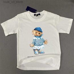 T-shirts New RL Casual Pure Cotton Striped Short Skirt Hat Little Bear Boys T-shirt Girls T-shirt Childrens Round Neck T240416