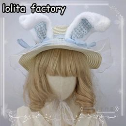 Y2k girl lolita Straw hat Cute sweet straw braided hat milk white rabbit ears summer outing braided hat sunhat 240412