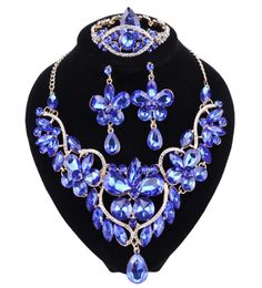 The New Blue Crystal Rhinestone Flower Necklace Earrings Set for Women Wedding Luxury Bridal Jewelry sets6237766