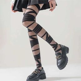 414B Sexy Socks 1Pair White Bandage Glass Wool Transparent Knee Stockings Women Japanese Lolita Summer Cross Straps Sexy Piles Of White Sock 240416