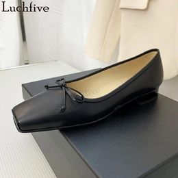 Casual Shoes Summer Genuine Leather Flat Women Square Toe Shallow Mouth Doudou Woman Luxury Runway Brand Walk Mujer