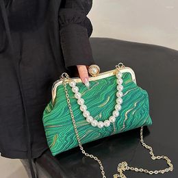 Evening Bags Jacquard Embroidery Handbag Designer Shoulder For Women Shell Clip Purse Vintage Pearl Chain Clutches Canvas Crossbody Bag