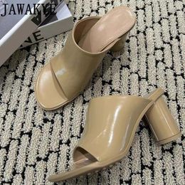 Slippers Round High Heel Ladies Shiny Leather White Black Dress Slides Summer Vacation Beach Shoes Formal Women