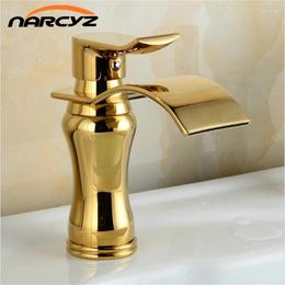 Bathroom Sink Faucets Wide Spout Golden Basin Faucet Brass Mixer Tap Waterfall G1060