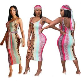 Womens Backless Leopard Print Dress Including Headscarf