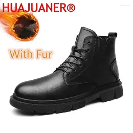 Boots Retro Winter Men With Fur Lace Up Leather Youth Casual Outdoor Shoes Wear-Resistant Motorcycle Men's