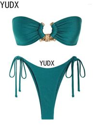 Women's Swimwear YUDX Solid O Ring Swimsuit For Women Tie Side Shiny Metal Hardware Bandeau Bikini Padded Bra Top Low Waisted