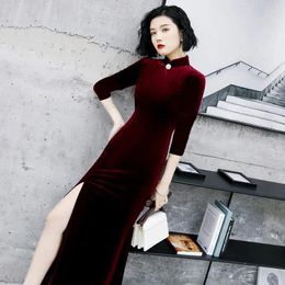 Ethnic Clothing Burgundy Half Sleeve Velvet Qipao For Women Sexy Slim Split Cheongsam Retro Chinese Traditional Dress Elegant Velour