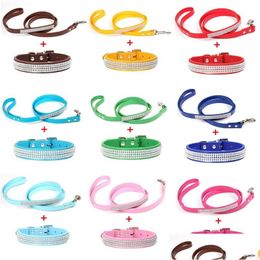 Dog Training & Obedience Leashes 1Pc/Lot Diamand Pu Leather Pet Collar And Leash Bling Rhinestones Walking Leads For Small Medium Drop Dh7Kq