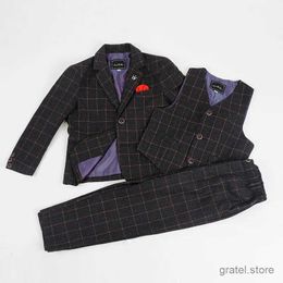 Suits Gentleman Children Graduation Party Costume Flower Boys Wedding Suit Kids Plaid Jacket+Vest+Pants 3Pcs Tuxedo Clothing Set