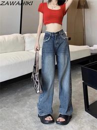 Women's Jeans American Retro Wide Leg Straight Solid Colour Women Summer High Waist Loose All Match Frayed Y2K Causal Minimalist Pants