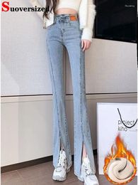 Women's Jeans Slim Split Velvet Lined Flare Pants Winter Warm Thick Vaqueros Pantalones Korean High Waist Plush Denim Bell Bottom Broek