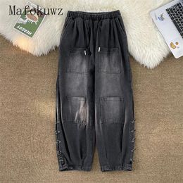 Men's Jeans Fashion Retro Washed Distressed Black Grey Couple Straight Metal Buckle Drawstring Loose Casual Trousers Male Clothes