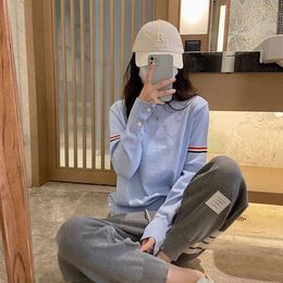 2023 Autumn/winter TB Round Neck Pullover Loose Wool Sweater Blue Striped Patchwork Long Sleeved Top for Women