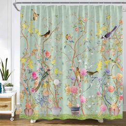 Shower Curtains Flower Hummingbird Print Curtain Natural Pink Polyester Fabric Waterproof With Hook Decoration