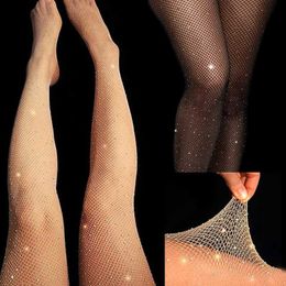 Sexy Socks Sexy Fishnet Diamond Pantyhose for Women Sexy Fashion Shiny Net Tights Female Slim Rhinestone Black Mesh Nylon Stockings Tights 240416