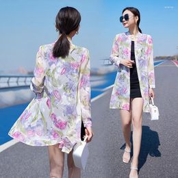 Women's Blouses Jacquard Print Chiffon Long Shirts Women Sleeve Summer Cardigan Korean Style Elegant Lady Sun-Protect Floral Cover-Up Coat