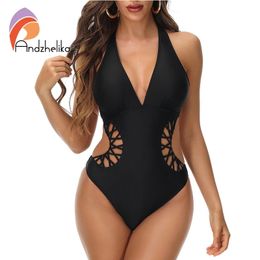 Andzhelika Black Swimsuit Womens Laced Sexy Halter Swimwear Monokini Female Bathing Suit Cutout Bodysuit Swim Wear 240409