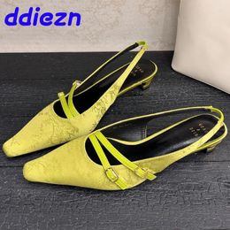 Dress Shoes Female Low Heel Footwear Green Women Pumps 2024 Slingbacks Fashion Shallow Silk Ladies Heeled Sandals Slides