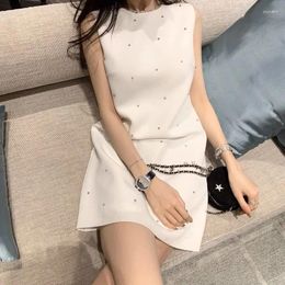 Casual Dresses Summer Fashion 2024 Women A-line Thin Polyester Diamonds Embroidered Flares Tank Black White Mini Dress