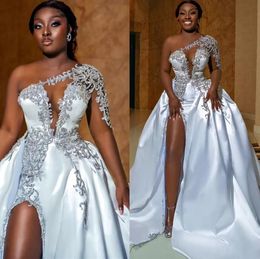 ASO EBI African Sexy High Split Wedding Dresses A Line One Shoulder Pärlagika Applices Keyhole Neck Slit Brudklänningar Plus Size Robes Custom Made BC14877 0416