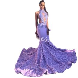 Lilac Mermaid Prom Dresses 2024 Beautiful Mermaid Black Girls Formal Dress 3D Rose Flowers African Women Evening Gowns Luxury Fifteen Birthday Female Robe De Soiree