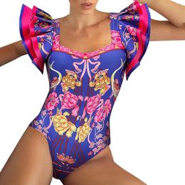 Women's Swimwear French Printed Swimsuit Suit Belly Covering Slimming For Vacation Swim Top Supportive