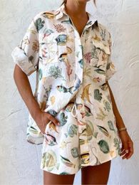 Women's Tracksuits Summer Casual Short Sleeve Print Button Turndown Collar Shirt Blouses High Waist Shorts Suit Women Elegant 2 Piece Sets