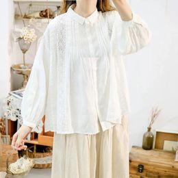 Women's Blouses 140cm Bust Spring Women All-match Japanese Style Loose Plus Size Pleated Lace Patchwork Comfortable Thin Linen