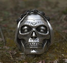 Goth Santa Muerte Ring Rose Crown Sugar Skull Stainless Steel Rings Womens Punk Biker Jewellery Unique Gift2184849