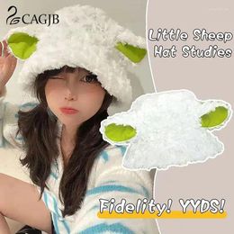 Berets Cute Women Lamb Wool Bucket Hat Winter Sheep Ear Plush Panama Caps For Girls Warm Faux Fur Soft Female Fisherman Sun Hats