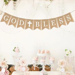 Decorative Flowers Garland Decor Christening Communion Party Decorate Banner God Bless Baptism White Rustic Bunting Burlap