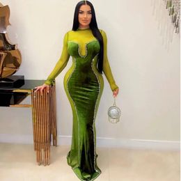 Casual Dresses Sheer Mesh Patchwork Diamonds Velvet Bodycon Maxi Evening Party Dress Women Sexy See Through Long Sleeve Banquet Robes