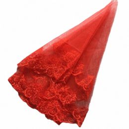 one-layer Women Girl Red Wedding Veil Embroidery Floral Lace Trim Halen Cosplay Costume Sheer Hair Accories e6R8#