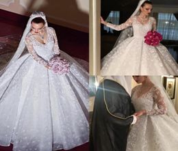 Long Sleeve Ball Gown Wedding Dresses Deep V Neck Tulle Applique Beads Floor Length Luxury Dubai Country Wedding Gowns Illusion Be1582632
