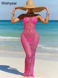 Casual Dresses Sexy Summer Beach Crochet Knitted Bodycon Dress Solid Color Hollow Out Neck-mounted Backless Maxi Vestidos Vacation Outfits