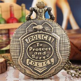 Retro Vintage Steampunk Watches POLICE To Protect Serve Design Pocket Watch Quartz Clock Necklace Chain Timepiece Arabic Number Dial