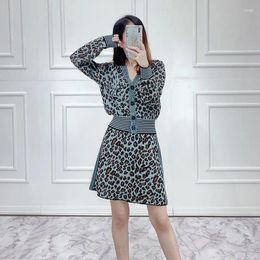 Work Dresses Fashion Leopard Pattern Knit Suit Women Spring V-neck Long-sleeved Cardigan High-waist Half-length Skirt Two-piece