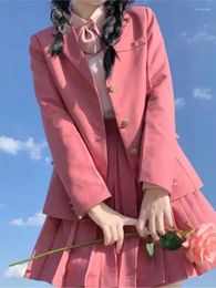 Work Dresses Women Japan Preppy Style Sweet Kawaii Uniform Pleated Skirt Blazer Suit Girl Single Breasted Blouse Bow 3pc Set