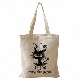 im Fine Everything is fine Carto Funny Cat Tote Bag, Lightweight Canvas Shoulder Bag, Versatile Handbag reusable shop bag f6Q1#