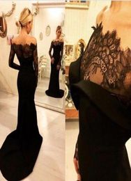 Elegant Black Mermaid Evening Dresses Off Shoulder Long Sleeves Lace Satin Long Formal Prom Dresses Evening Wear Sweep Train3404929