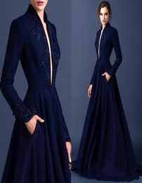 Dark Blue Modest Evening Dresses 2015 Embroidery Long Sleeve Ruched Satin Ellie Saab Dress Evening Wear Full Length Appliques Form7275824